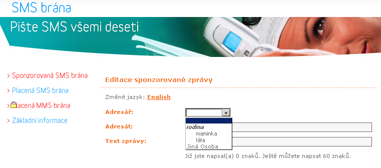 screenshot SMS brány Eurotel s rozbaleným adresářem